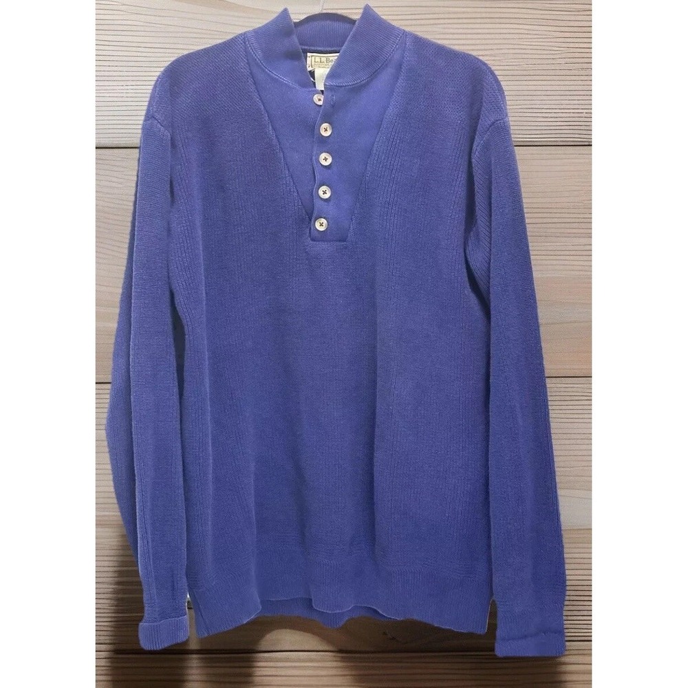 Mens L Tall LL Bean Sweater Blue‎ Chunky Shaker Knit Made in the USA 100% Cotton